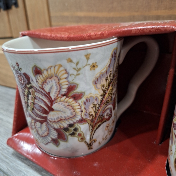 New Set of 2 Floral Coffee Mugs "Gabrielle" by 222 Fifth: White and Burgundy Red - Picture 5 of 5